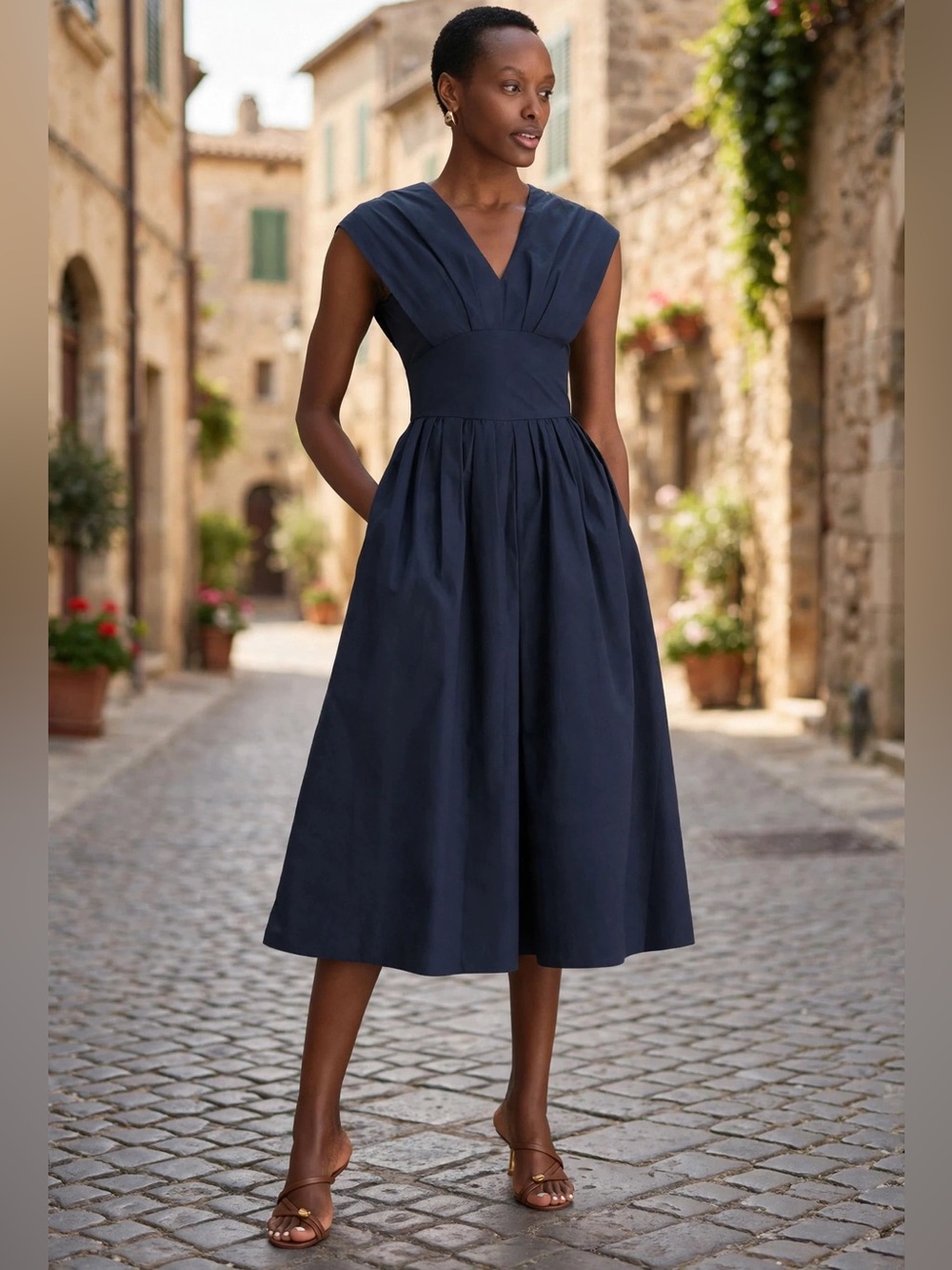 ROSIE ASSOULIN Navy In Full Bloom Dress Elegant Navy V-Neck Midi Dress Sz 10 - Picture 5 of 13
